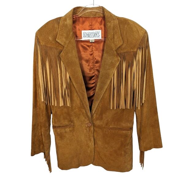 Vintage Jackets & Blazers - VTG 80's La Nouvelle Renaissance Tan Suede Blazer Jacket Fringe Western Women's